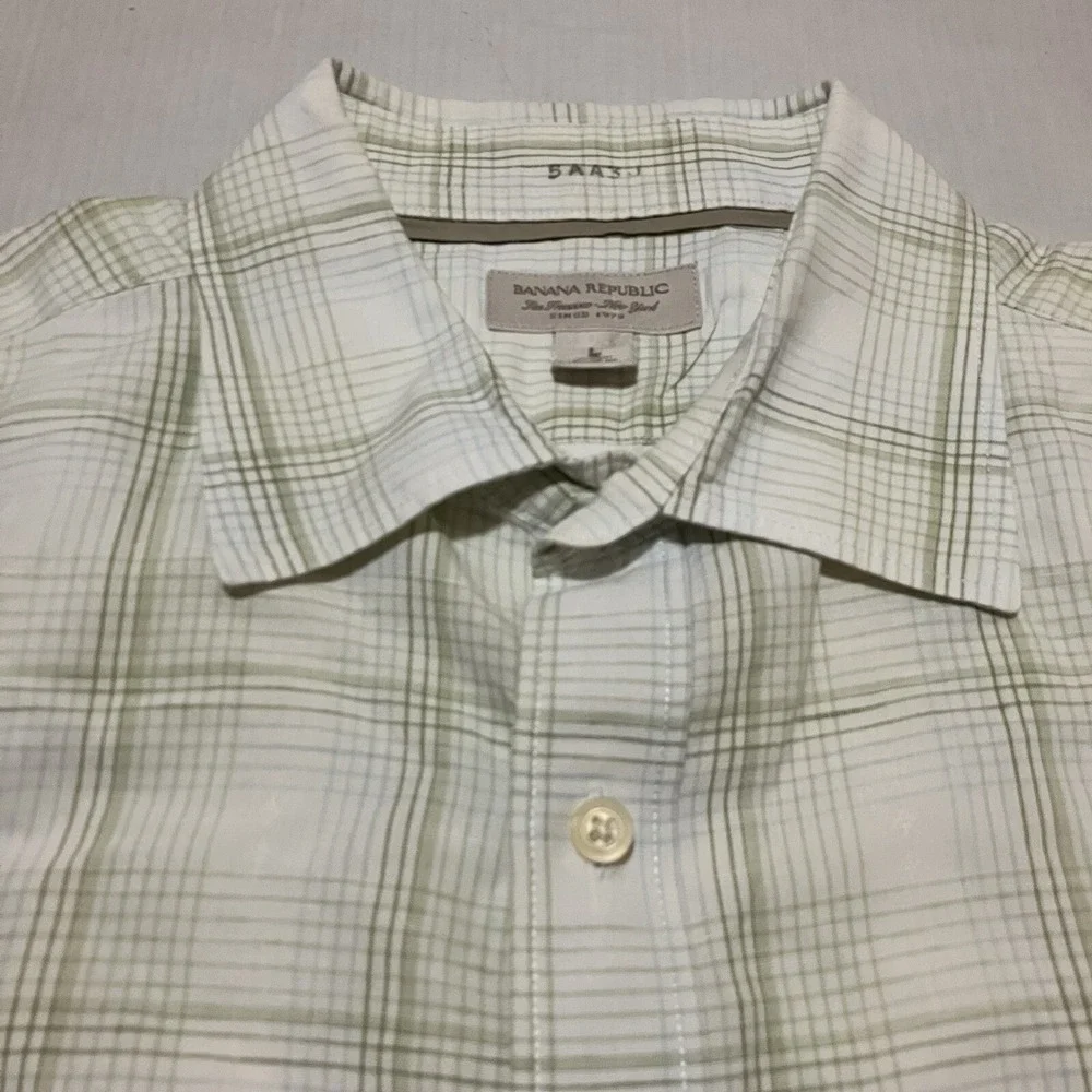 Banana Republic Mens Short Sleeve Linen Blend Plaid‎ Up Down Shirt Size Large